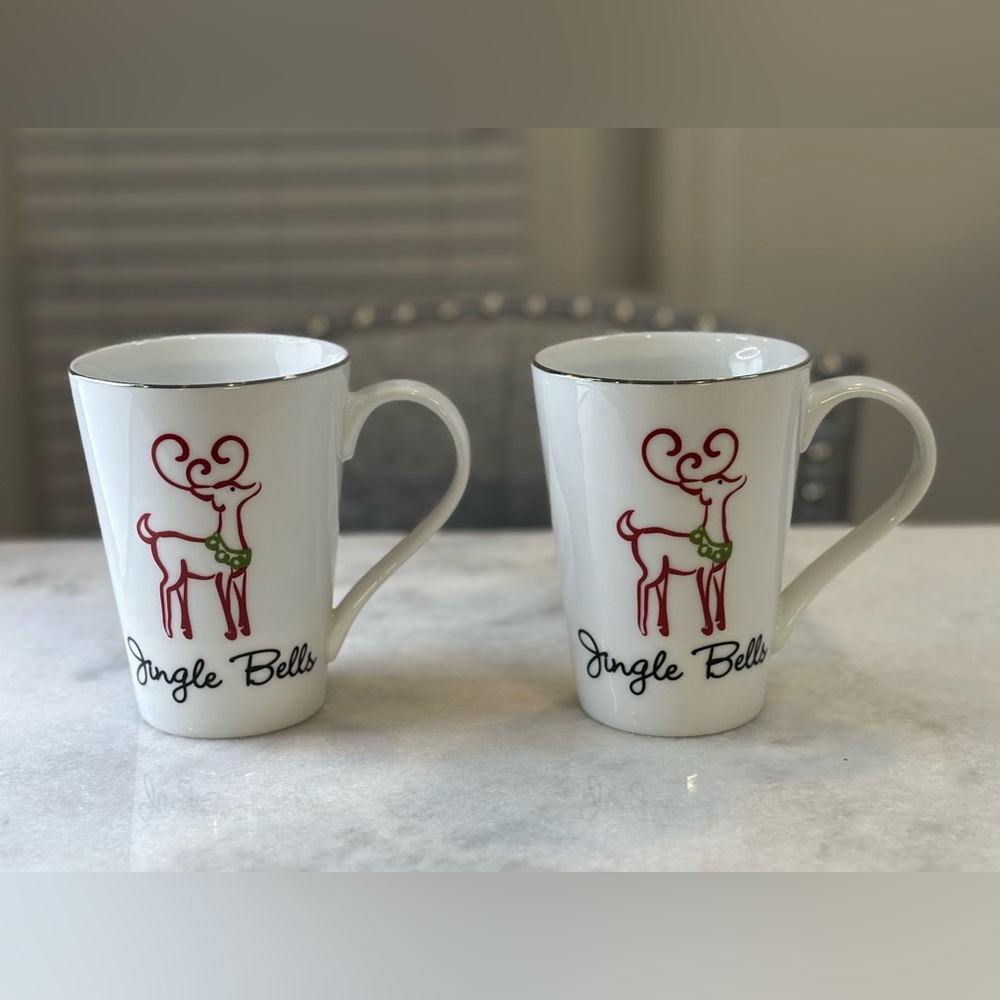 St. Nicholas Square Mugs Set of Two Ceramic Christmas Tree Reindeer Silver Rim